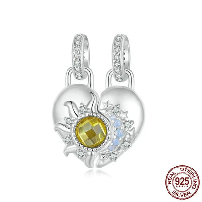 925 Sterling Silver Sun and Moon Heart  Charms