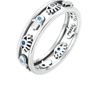 925 Sterling Silver Fatima's Hand and Devil Eye Finger Ring - TEA LU SHOP
