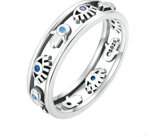 925 Sterling Silver Fatima's Hand and Devil Eye Finger Ring - TEA LU SHOP