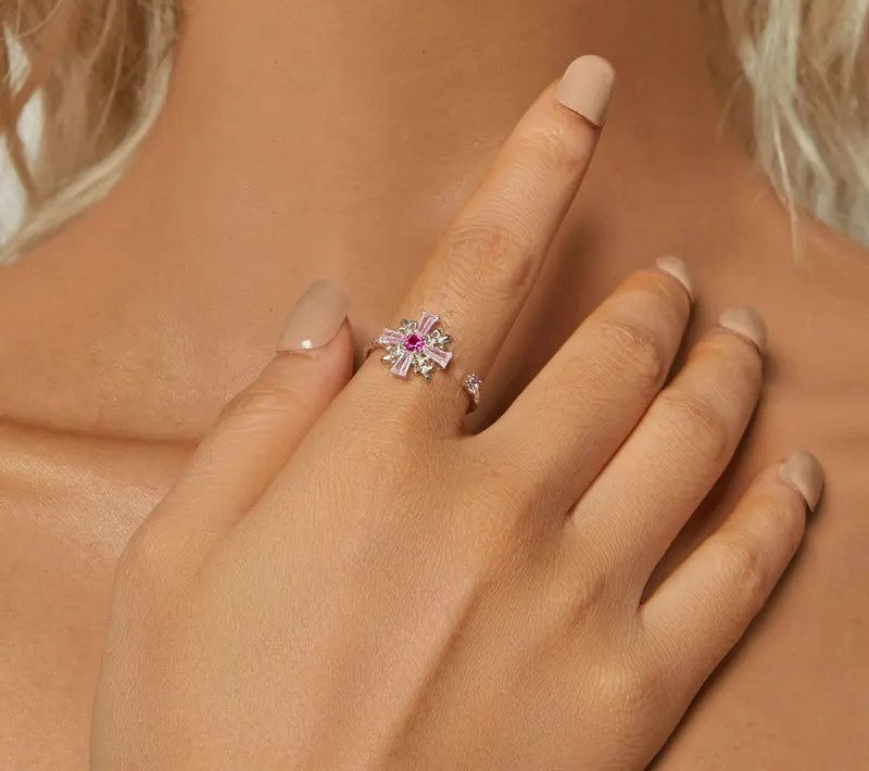 925 Sterling Silver Pink Zirconia Cross Ring - TEA LU SHOP