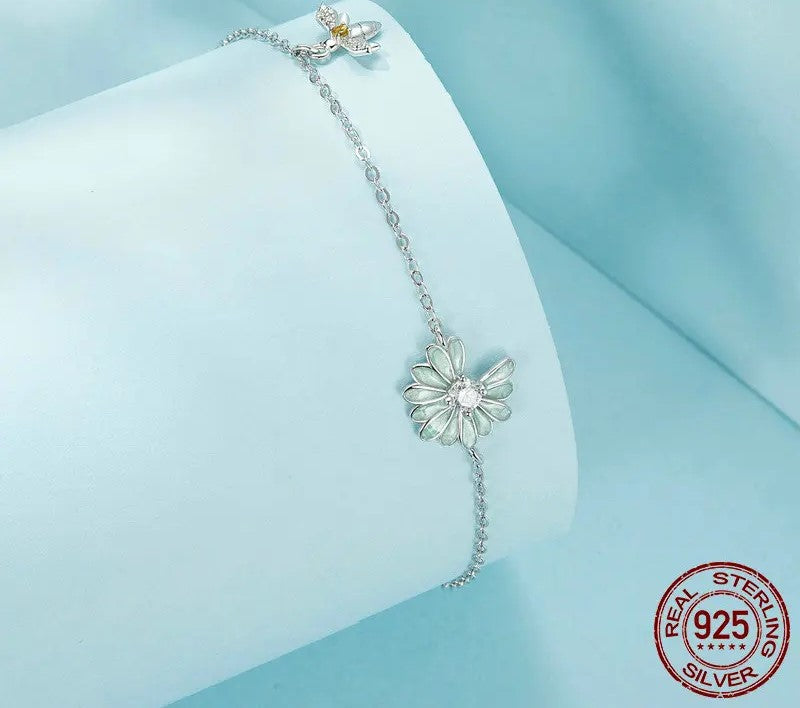 925 Sterling Silver Mint Green Daisy and Mini Bee Bracelet - Shine Bright Store