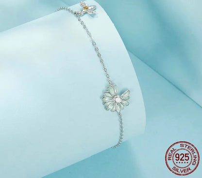925 Sterling Silver Mint Green Daisy and Mini Bee Bracelet - Shine Bright Store