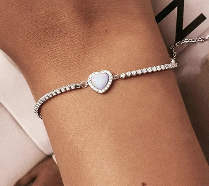 925 Sterling Silver Opal Heart-Shaped Bracelet - TEA LU SHOP