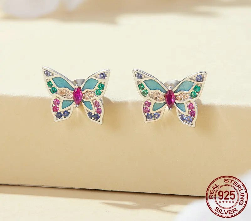 925 Sterling Silver Colorful Zircon Butterfly Stud Earrings - TEA LU SHOP