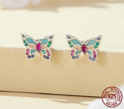 925 Sterling Silver Colorful Zircon Butterfly Stud Earrings - TEA LU SHOP