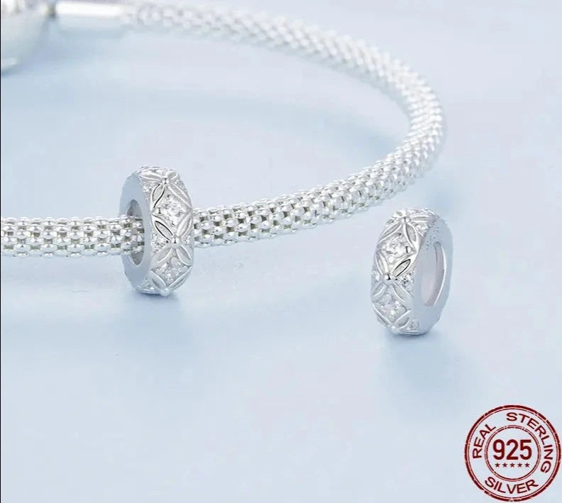 Dainty 925 Sterling Silver Flower Pattern Silicone Spacer Bead Charm