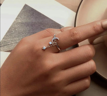 Opal Star and Moon Double Layer Ring