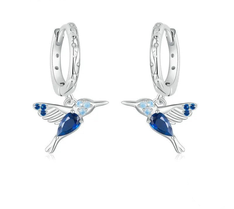 925 Sterling Silver Blue Opal Hummingbird Hoop Earrings - Shine Bright Store