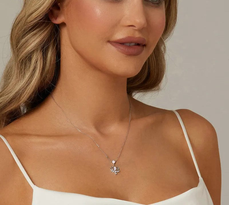 925 Sterling Silver Pink Opal Lotus Pendant Necklace - Shine Bright Store