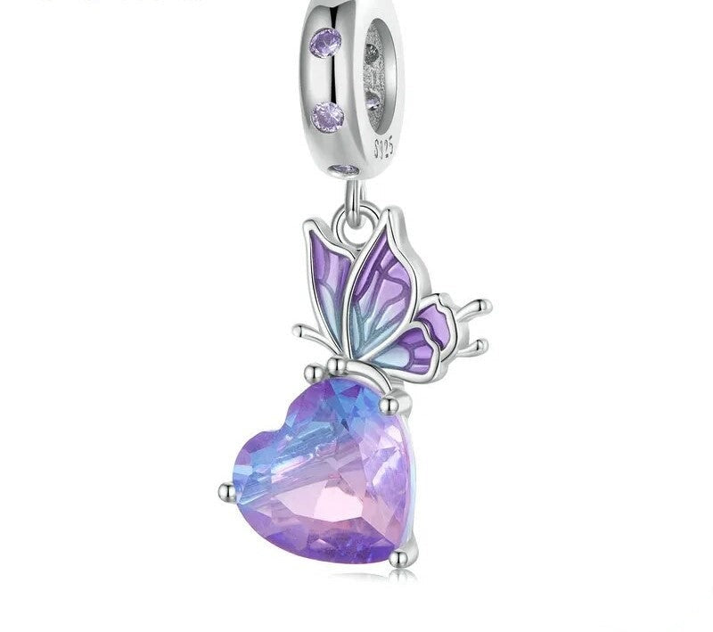 925 Sterling Silver Purple Butterfly and Heart Pendant - TEA LU SHOP