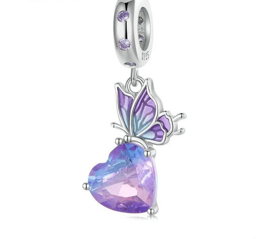 925 Sterling Silver Purple Butterfly and Heart Pendant - TEA LU SHOP