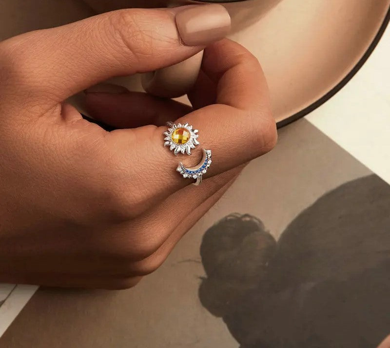 925 Sterling Silver Sun and Moon Adjustable CZ Ring - Shine Bright Store
