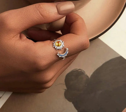 925 Sterling Silver Sun and Moon Adjustable CZ Ring - Shine Bright Store