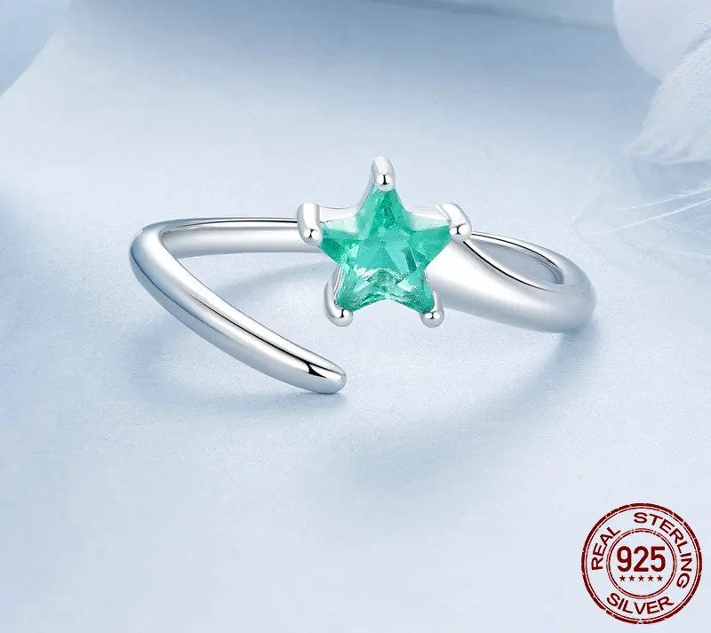 925 Sterling Silver Green Star Open Adjustable Ring - Shine Bright Store