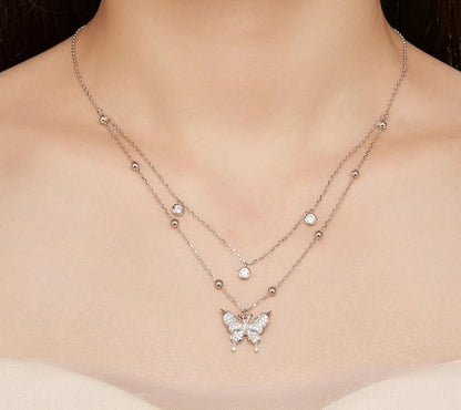 925 Sterling Silver Double-layer Tassel Butterfly Necklace - TEA LU SHOP