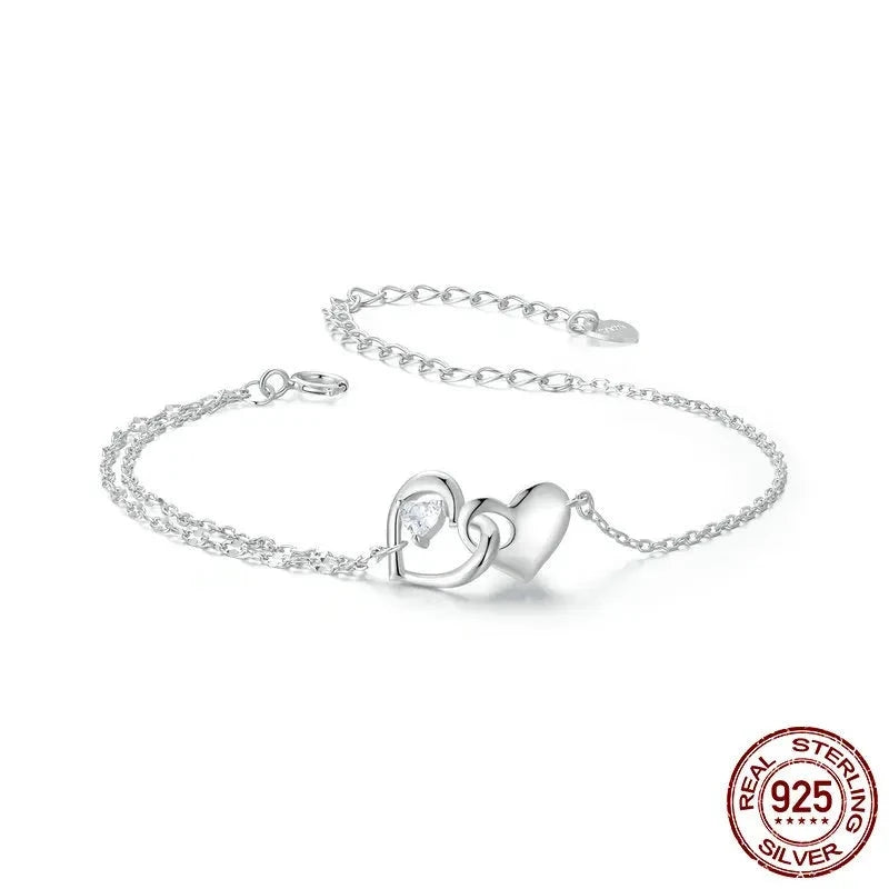 925 Sterling Silver Forever Love Heart Double Chain Bracelet
