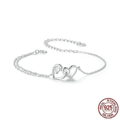 925 Sterling Silver Forever Love Heart Double Chain Bracelet