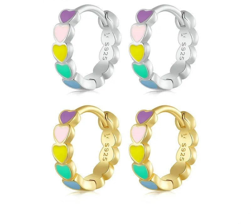 925 Sterling Silver Multicolor Enamel Heart Hoop Earrings - TEA LU SHOP