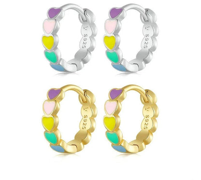 925 Sterling Silver Multicolor Enamel Heart Hoop Earrings - TEA LU SHOP
