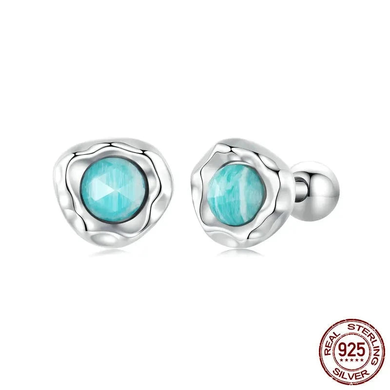 925 Sterling Silver Round Natural Amazonite Earrings