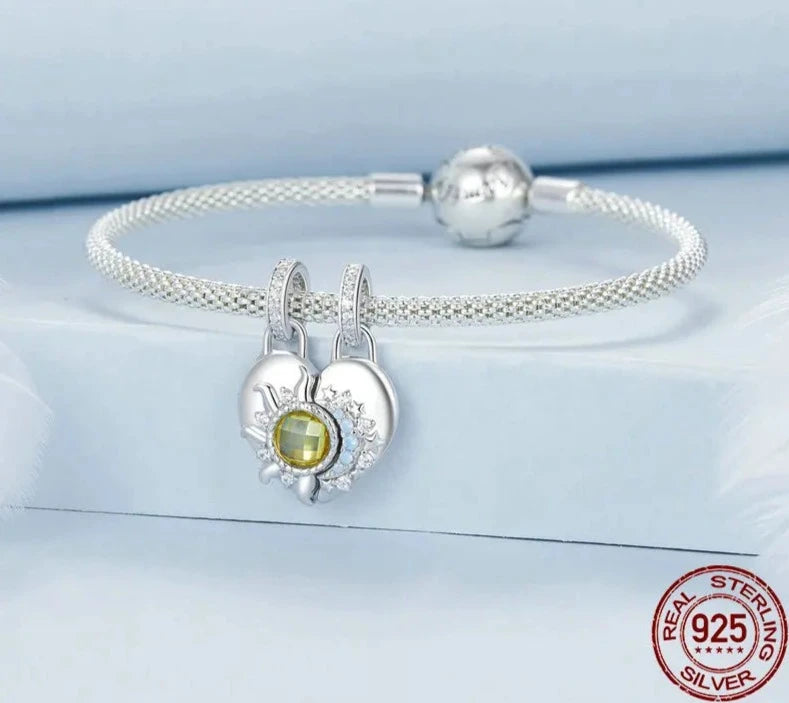 925 Sterling Silver Sun and Moon Heart  Charms