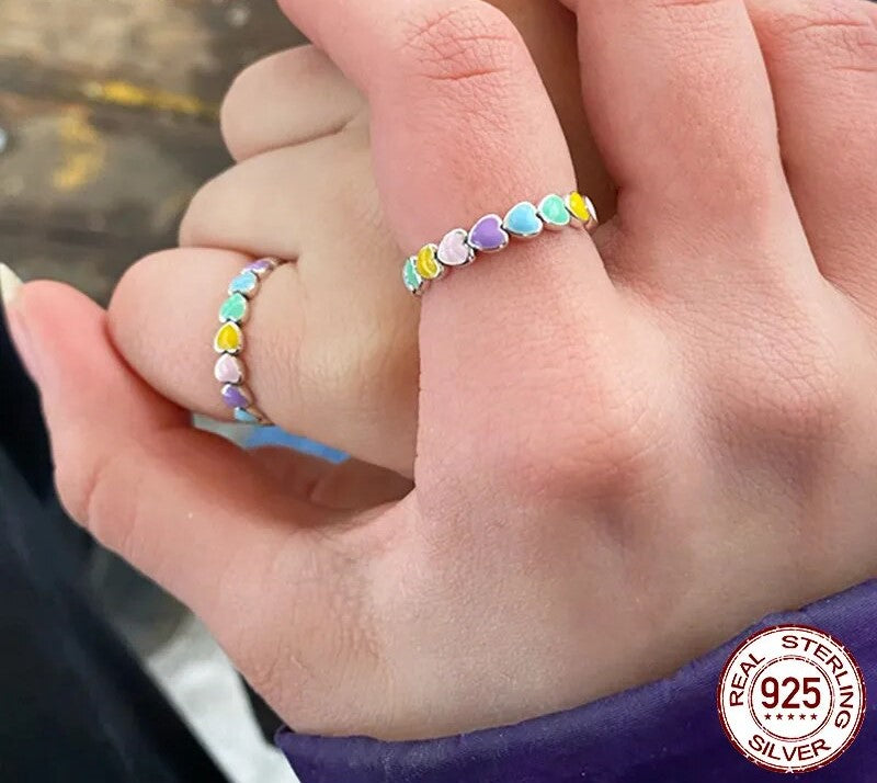 925 Sterling Silver Rainbow Heart Finger Ring - TEA LU SHOP