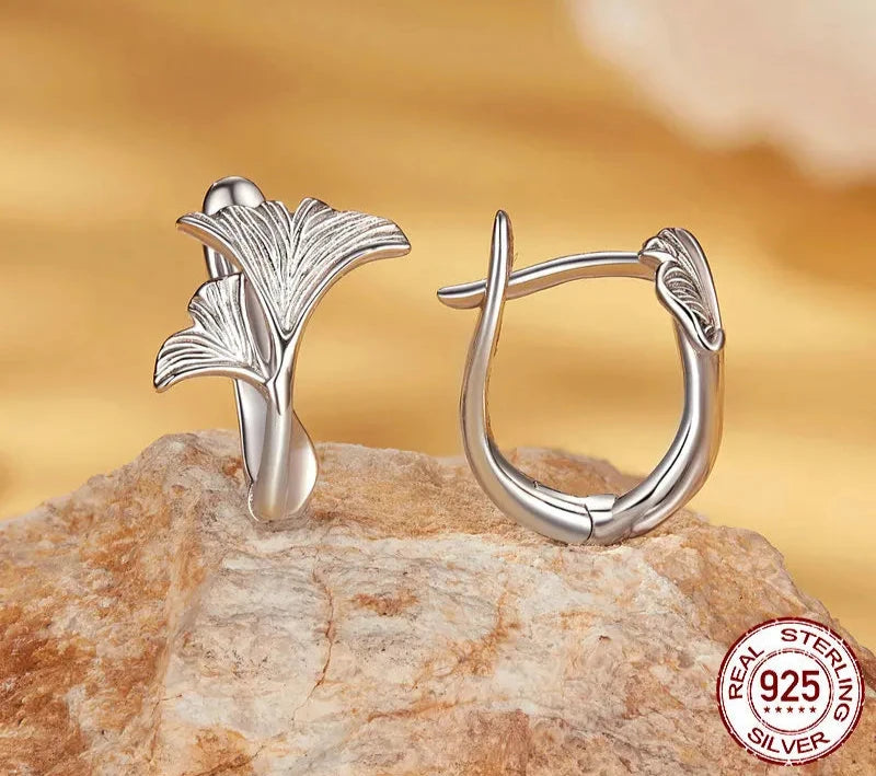 925 Sterling Silver Ginkgo Leaf Hoop Earrings