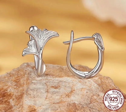 925 Sterling Silver Ginkgo Leaf Hoop Earrings
