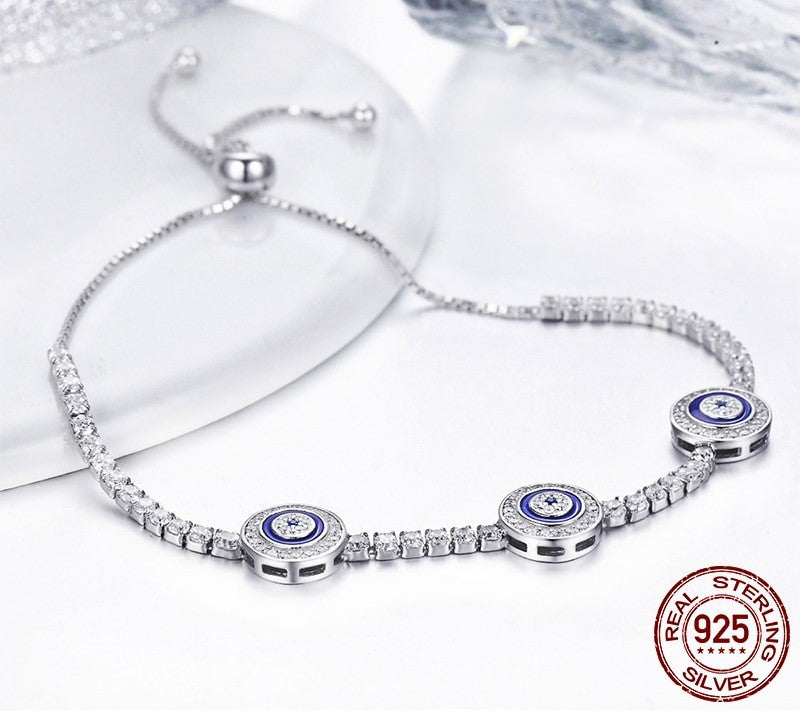 925 Sterling Silver Blue Evil Eyes Zircon Bracelet - TEA LU SHOP