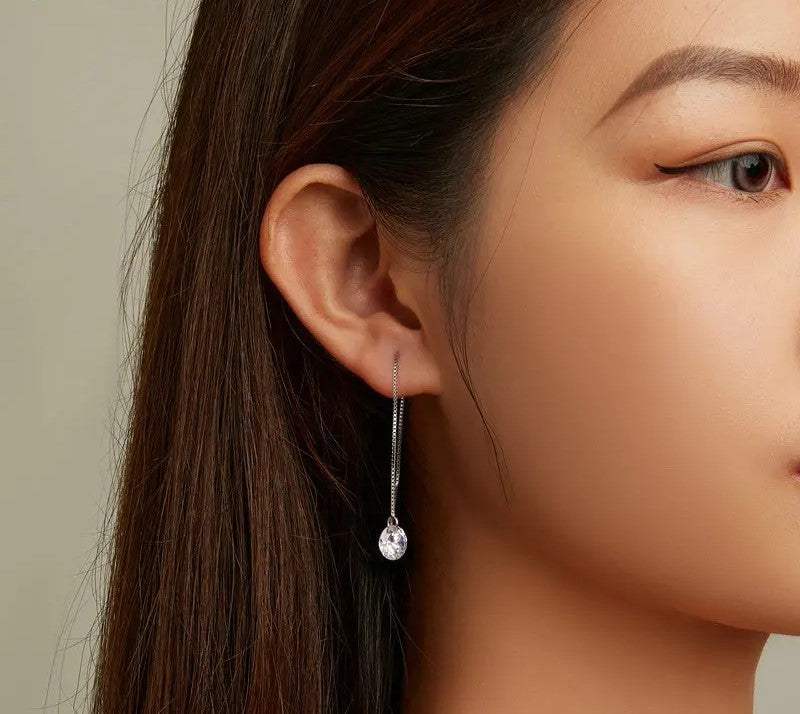 925 Sterling Silver Zircon Drop Dangle Long Earrings - TEA LU SHOP
