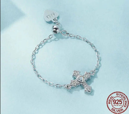 925 Sterling Silver Cross Chain Ring