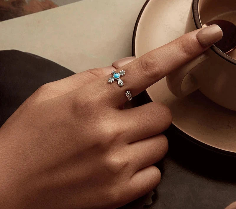 925 Sterling Silver Turquoise Cross Ring