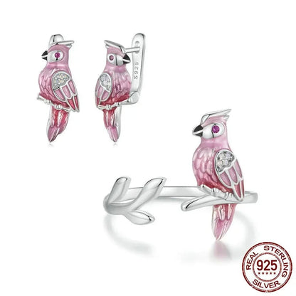 925 Sterling Silver Cute Parrot Ring and Earrings