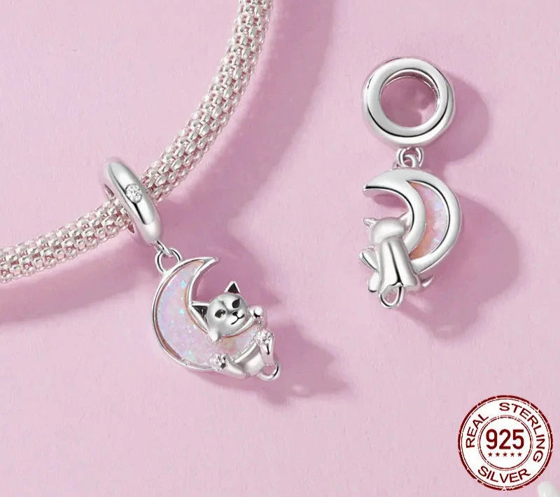 925 Sterling Silver Opal Moon Cat Charm