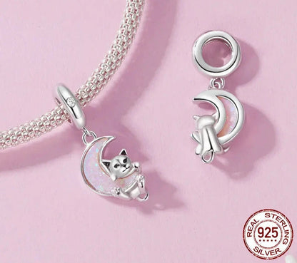 925 Sterling Silver Opal Moon Cat Charm