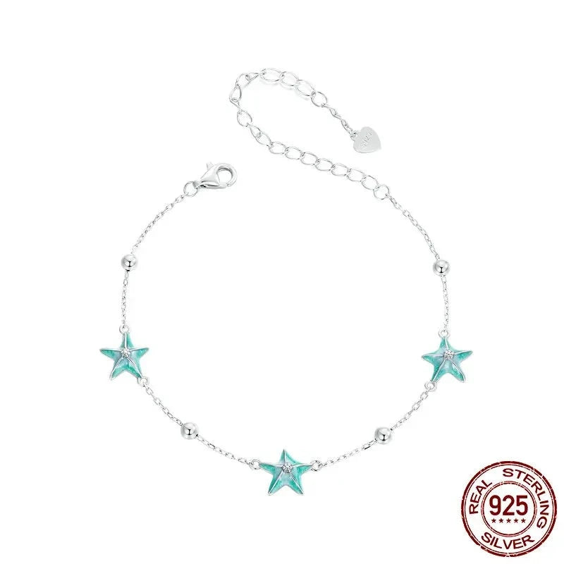 925 Sterling Blue-Green Starfish Link Chain Bracelet