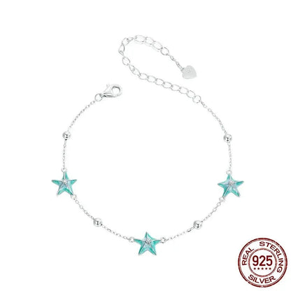 925 Sterling Blue-Green Starfish Link Chain Bracelet