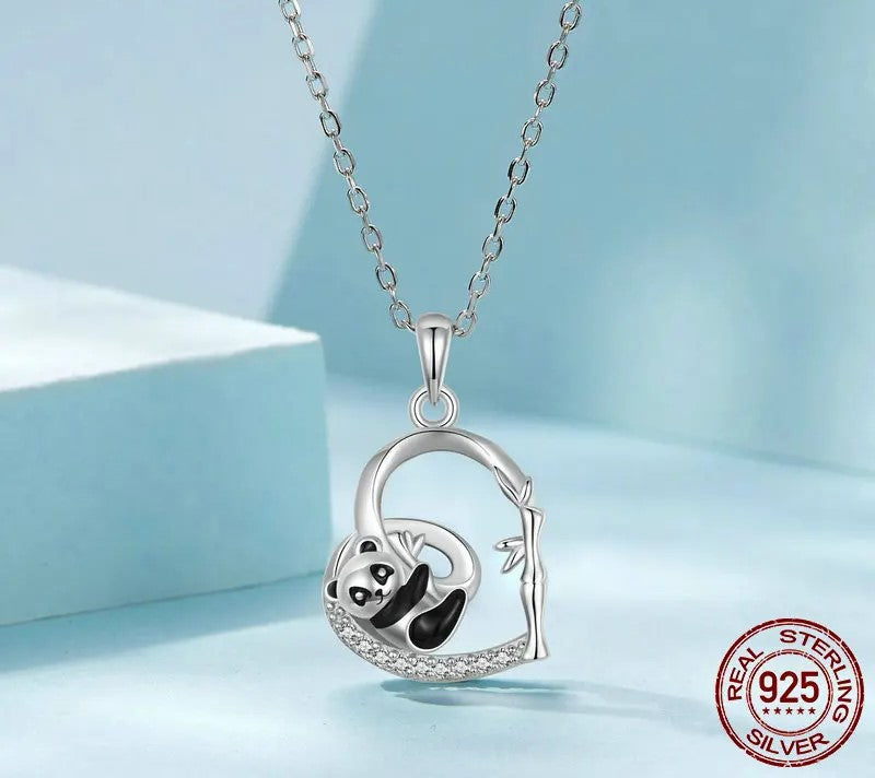925 Sterling Silver Heart Shape Cute Panda Necklace - TEA LU SHOP