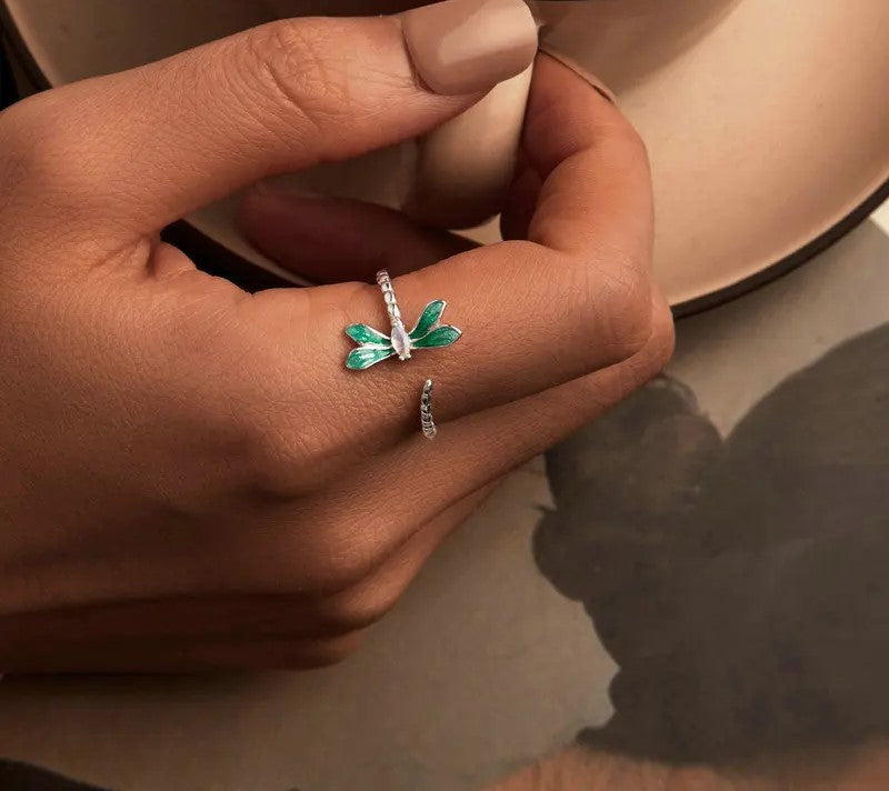 925 Sterling Silver Green Enamel Dragonfly Open Adjustable Ring - Shine Bright Store
