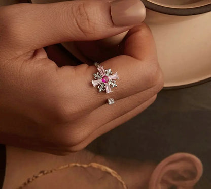 925 Sterling Silver Pink Zirconia Cross Ring - TEA LU SHOP