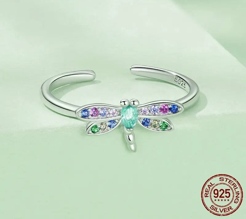 925 Sterling Silver Colorful Zircon Dragonfly Open Ring - TEA LU SHOP