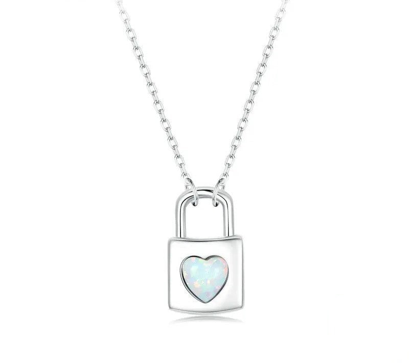 925 Sterling Silver Opal Heart Lock Necklace - Shine Bright Store