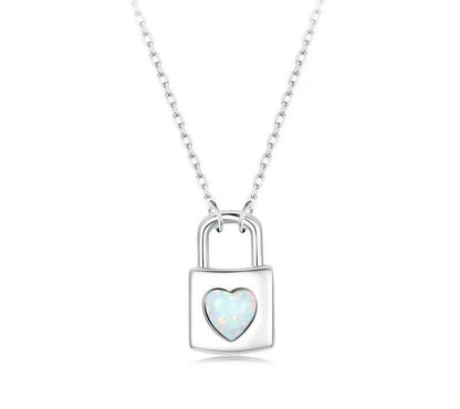 925 Sterling Silver Opal Heart Lock Necklace - Shine Bright Store