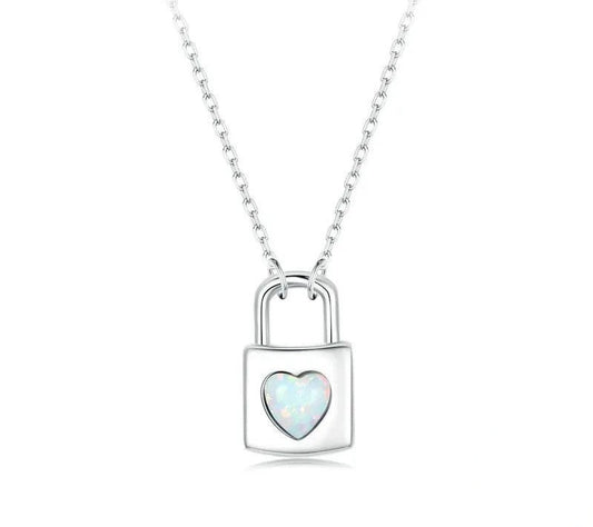 925 Sterling Silver Opal Heart Lock Necklace - Shine Bright Store