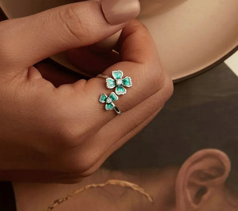 925 Sterling Silver Elegant Four-Leaf Clover Adjustable Ring - TEA LU SHOP