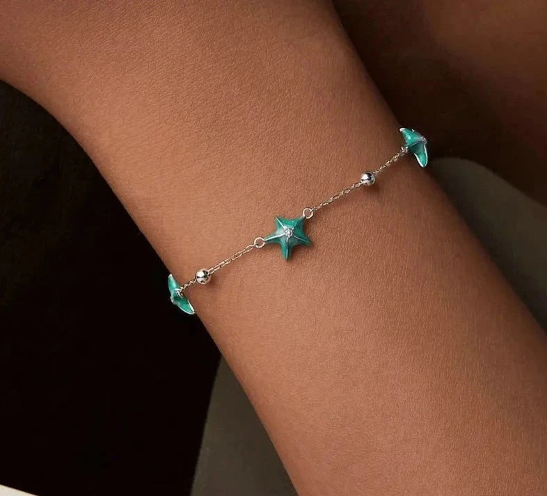 925 Sterling Blue-Green Starfish Link Chain Bracelet