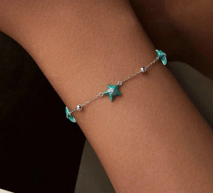 925 Sterling Blue-Green Starfish Link Chain Bracelet