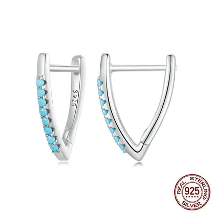 925 Sterling Silver V Shape Turquoise Hoop Earrings