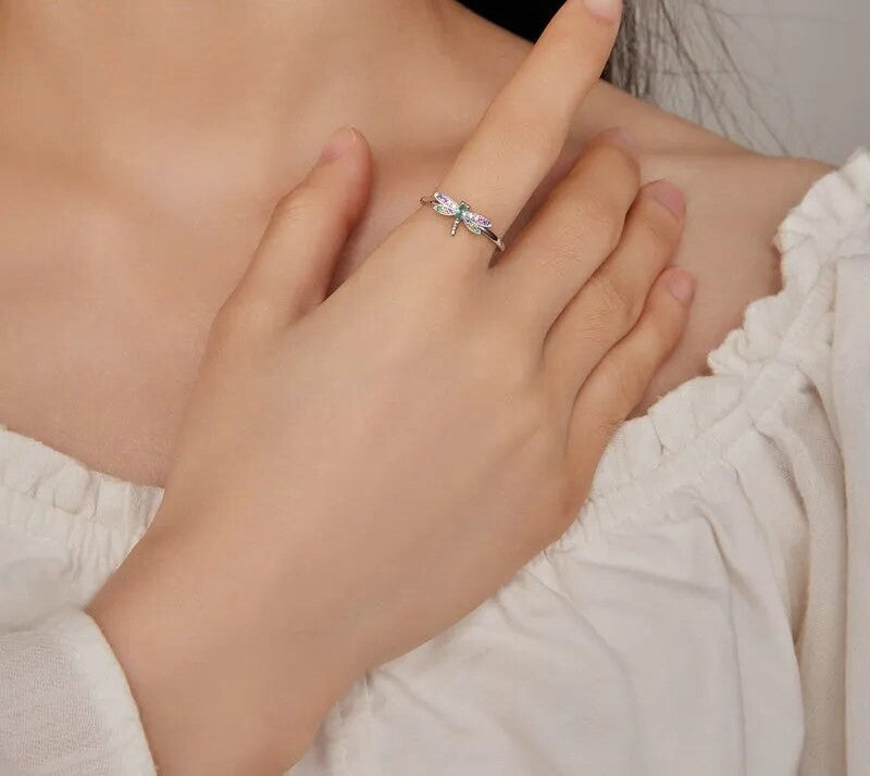 925 Sterling Silver Colorful Zircon Dragonfly Open Ring - TEA LU SHOP