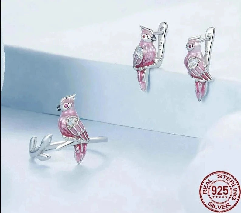 925 Sterling Silver Cute Parrot Ring and Earrings